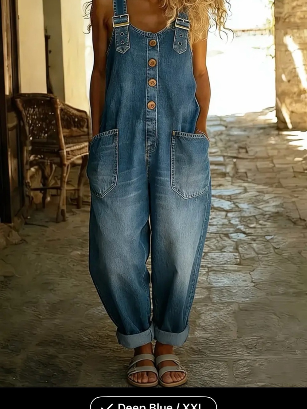 SHEIN Medium Blue Button-Front Denim Overalls XXL